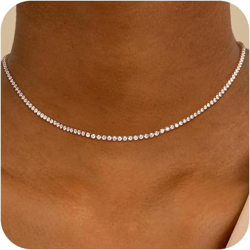 14K Gold Tennis Necklace Women’s CZ Sterling Silver Dainty Rhinestone Chain Gift