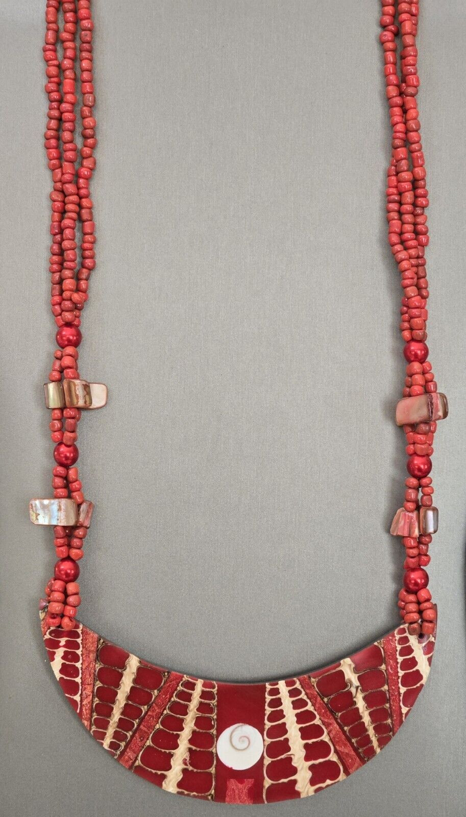 Red Beaded Moon Shell Multi Strand Necklace 22 Inches