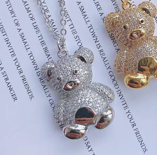 Beautiful Silver Teddy Bear Crystal Necklace, Bling, Cute for Wife, Daughter