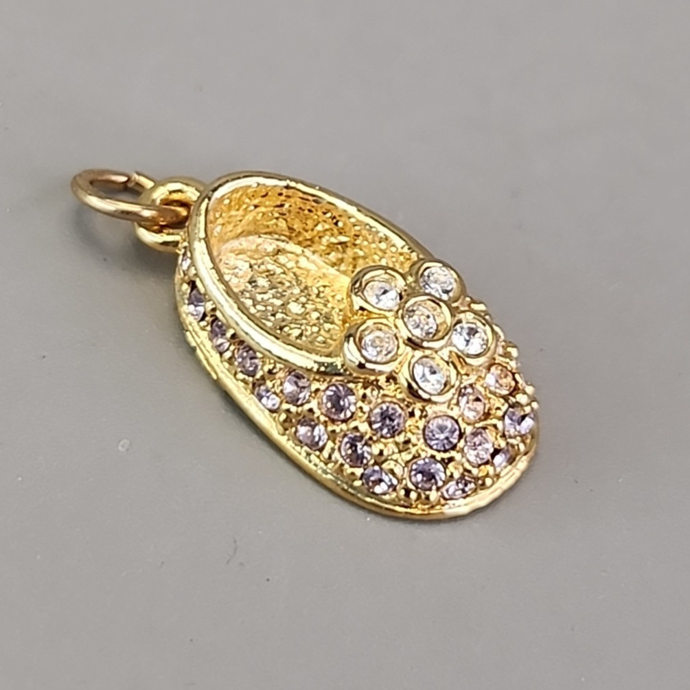 Firenza Baby Shoe Charm Necklace May Birthstone Clear Rhinestones Gold Tone 17mm