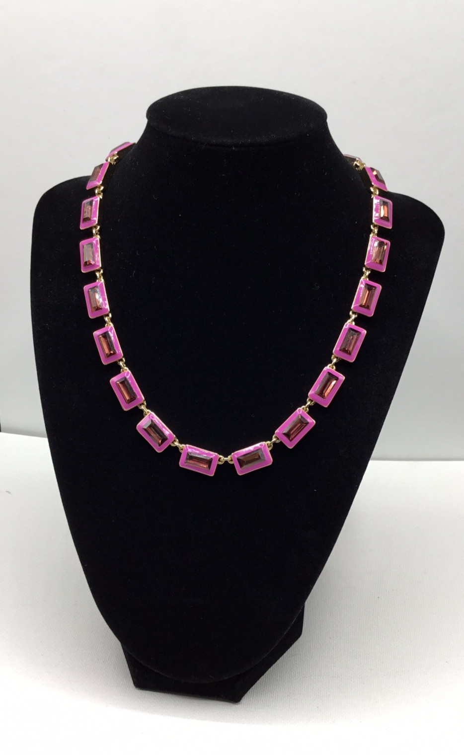 Gold Tone Pink Enamel and Rhinestone Necklace
