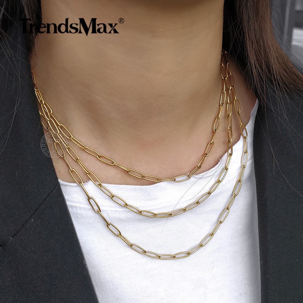 4MM 16+18+20″ Gold Plated Stainless Steel Paperclip Chain Necklaces Chokers 3Pcs