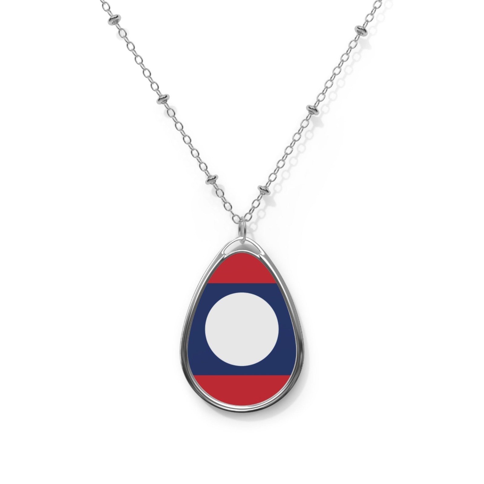 Laos Flag Oval Necklace – Laotian Heritage Pendant – One Size / Silver