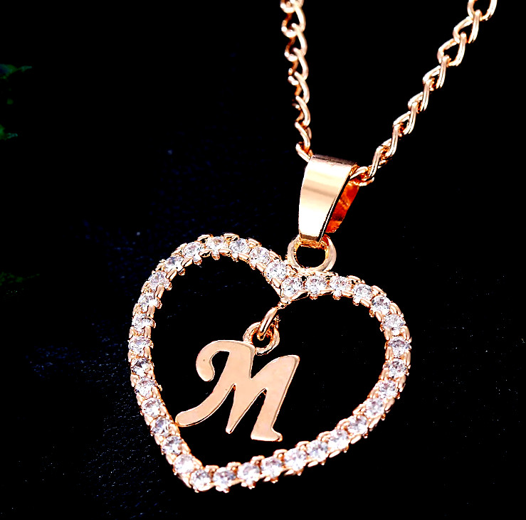 Letter Heart Necklace – Rose Gold Pendant Crystal Rhinestone Inital Charm Bling