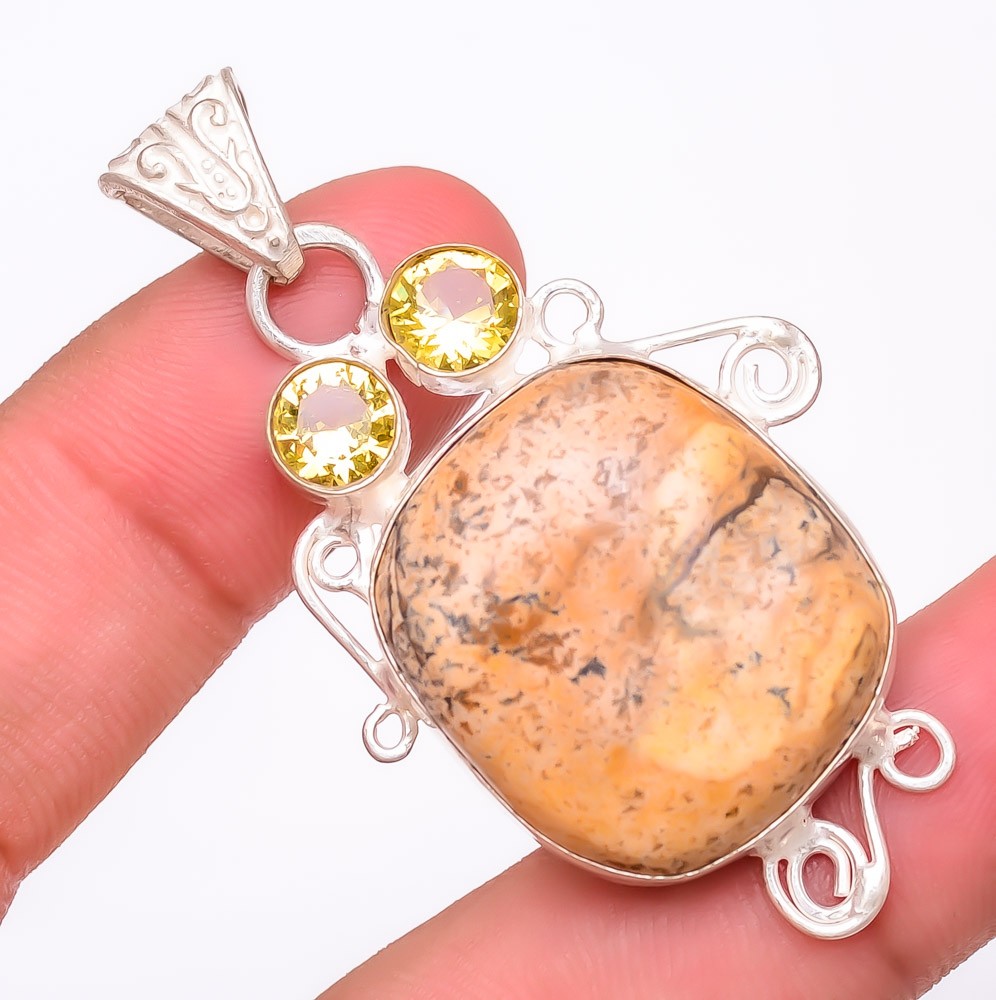 Natural Picture Jasper & Citrine 925 Silver Plated Jewelry Pendant 2.2″ S1986