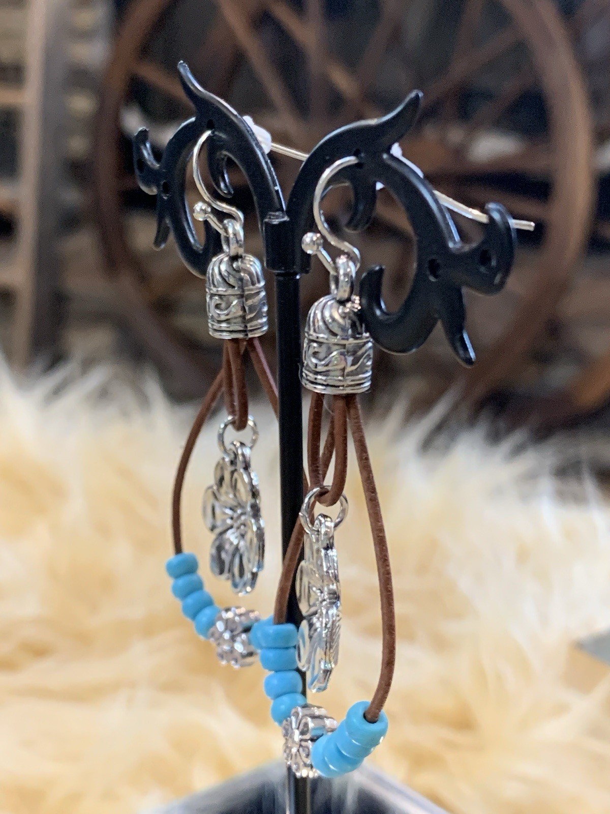 Boho Style Plum Blossom Pendant Earrings Double Layered With Turquoise Beads