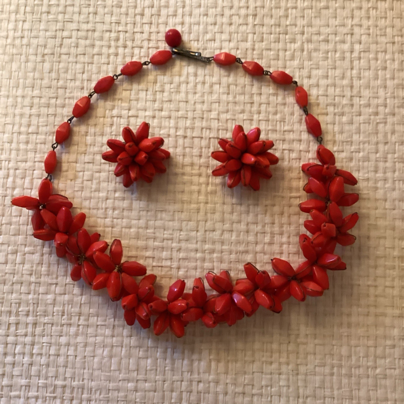 Necklace Vintage Red Coral Choker & Clip on Earring Set Made In Germany