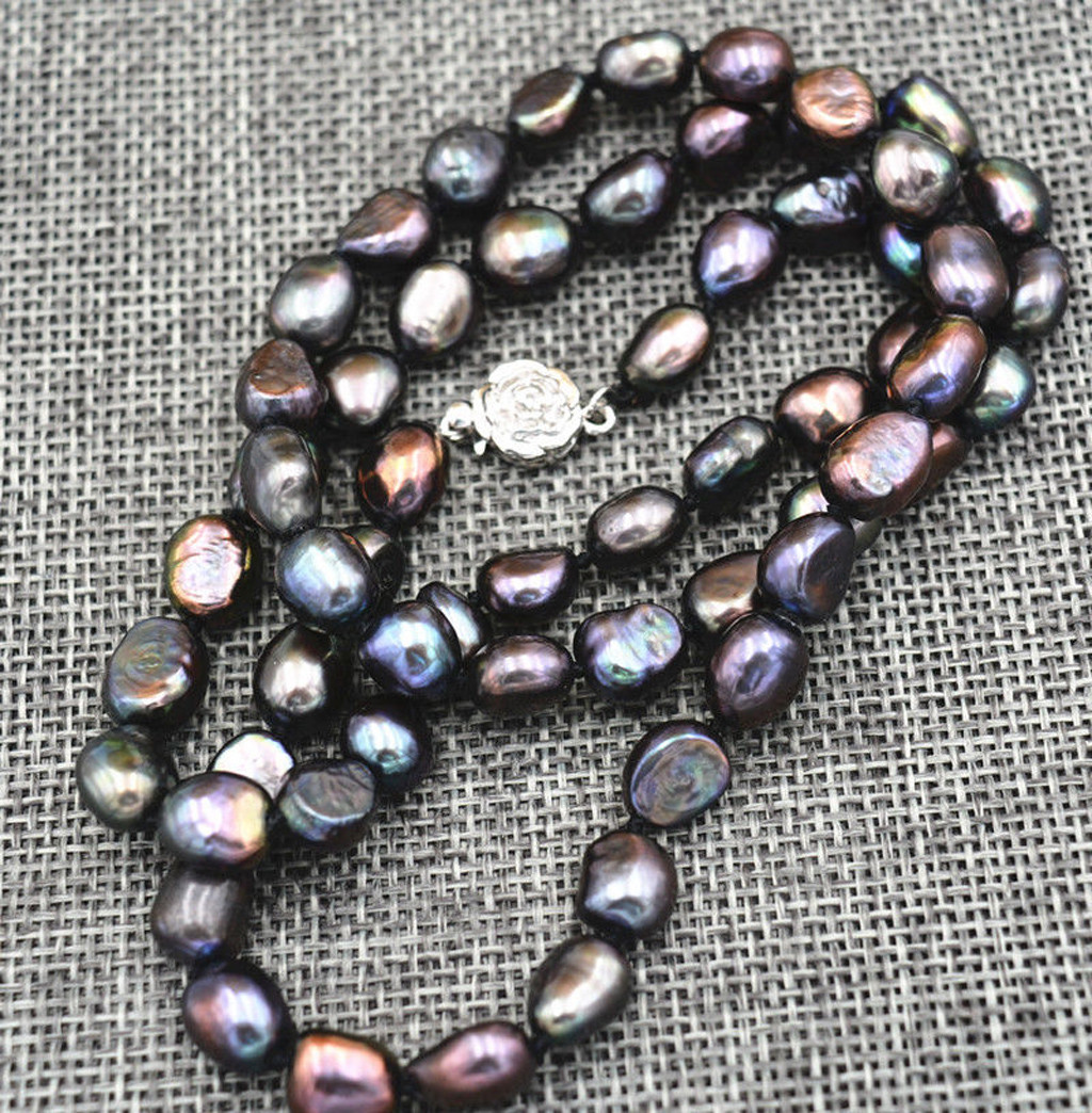 Natural 7-8mm Black Akoya Cultured Baroque Pearl Necklace 18”