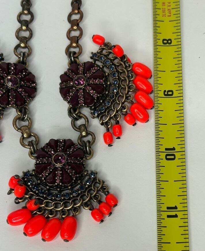 J Crew Necklace 18in +3 Brass Tone Neon Orange Bead Purple Crystals READ Flaw