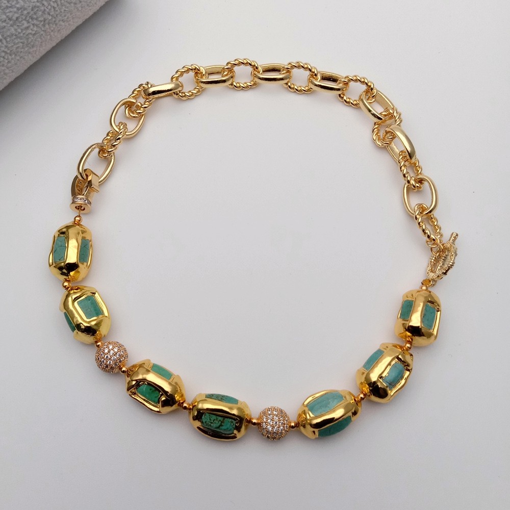 Turquoise Electroplated Edge Cz Pave Beads Gold Plated Chain Choker Necklace