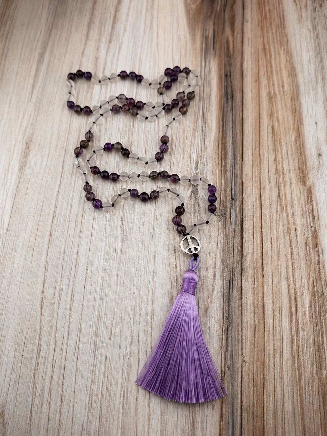 Amethyst & Clear Fluorite Mala Necklace | Spiritual Yoga Jewelry