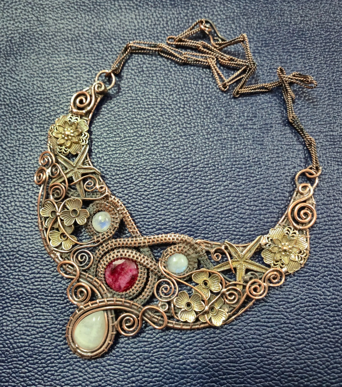 Faceted Kashmir Ruby & Moonstone Necklace Copper Wire Wrapped Necklace Jewelry