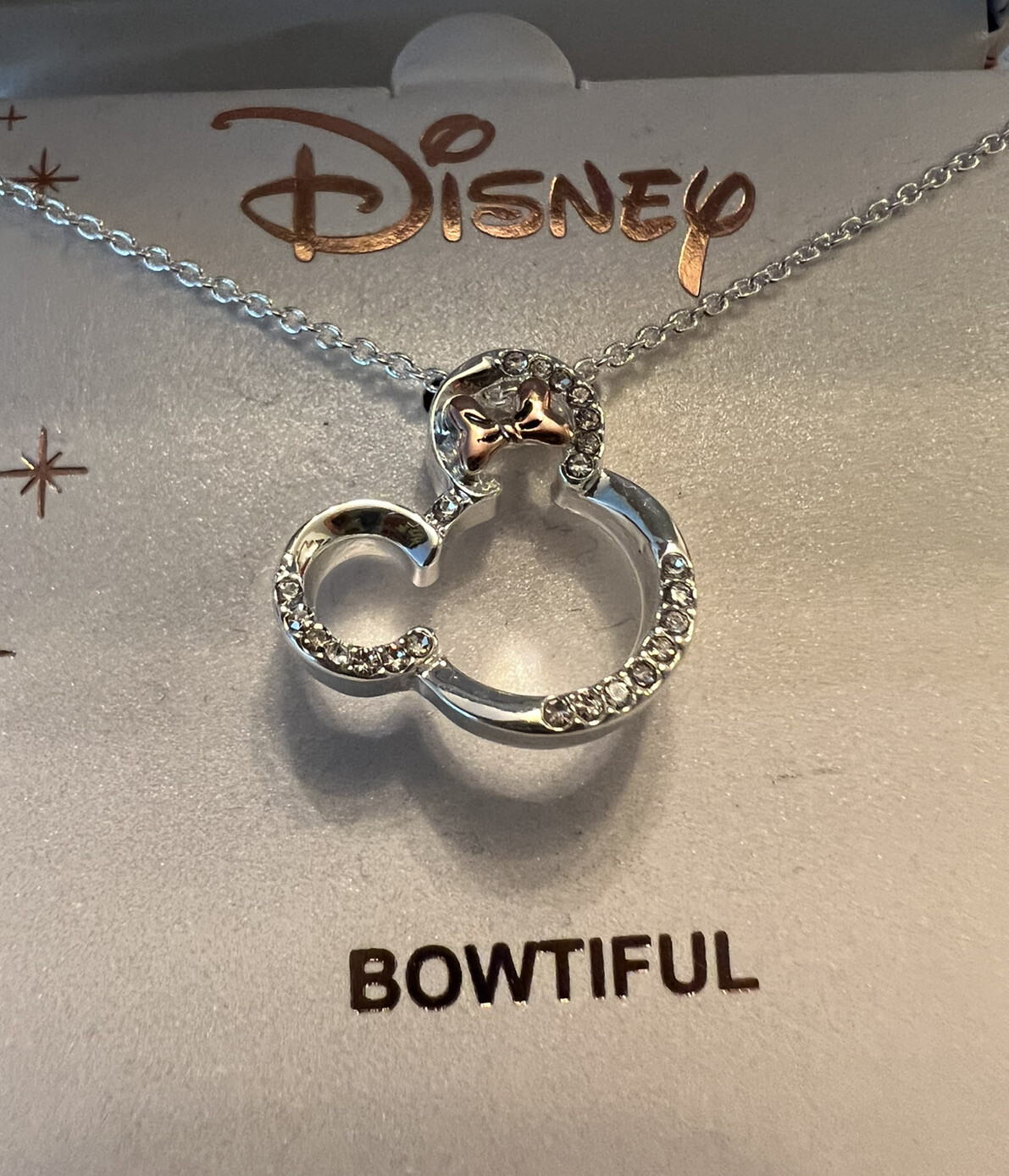 DISNEY MINNIE MOUSE FINE SILVER PLATED CRYSTAL RHINESTONE NECKLACE I LOVE MICKEY