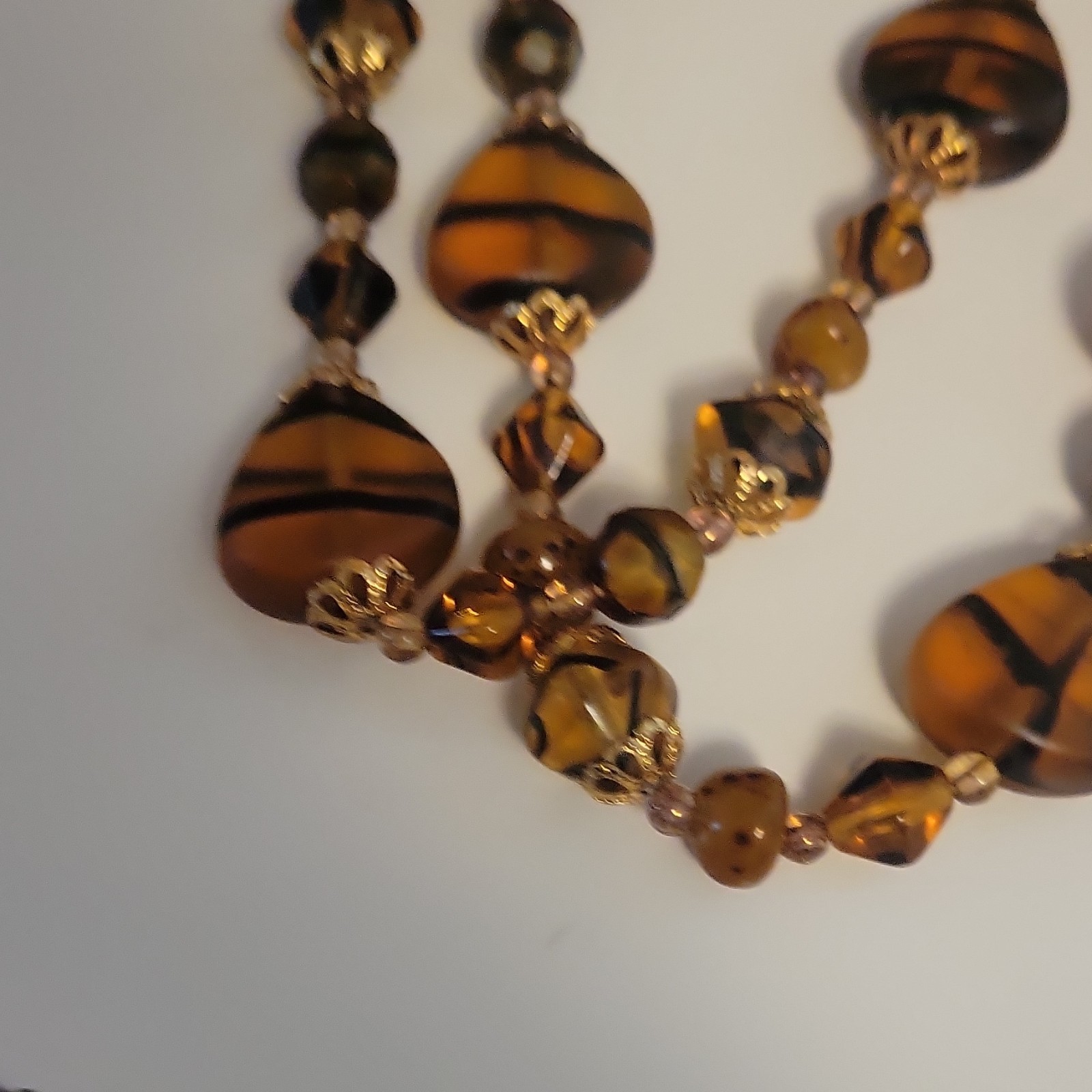 Vintage Multi Strand Amber Art Glass Bead Necklace Tiger Stripe Givre Germany