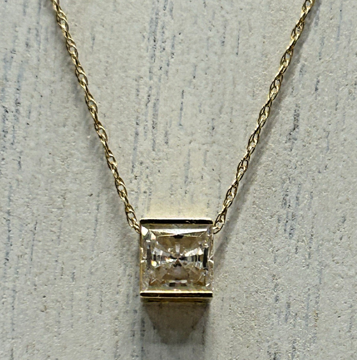 14K Gold CZ Square Solitaire .5 Ct Pendant Necklace 16in Chain 1.4g