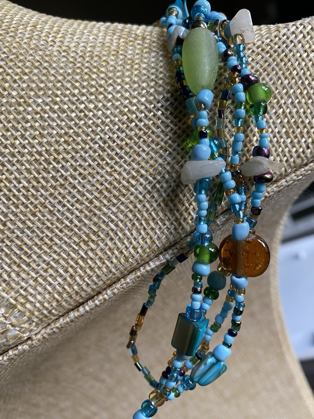 Boho Multi Strand Beaded Lariat Necklace Turquoise Blue Green Seed Bead Tassel
