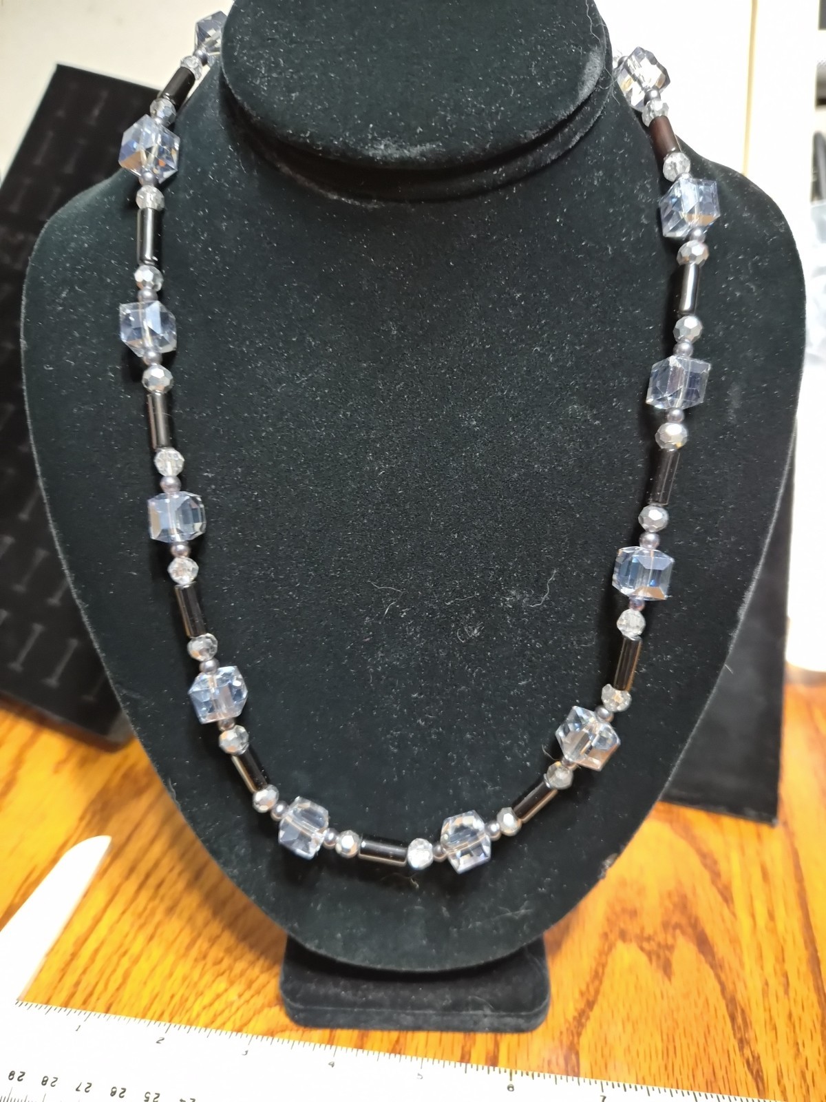 Black And Grey Crystal And Glass Necklace With Magnetic Clasp 21 Inches