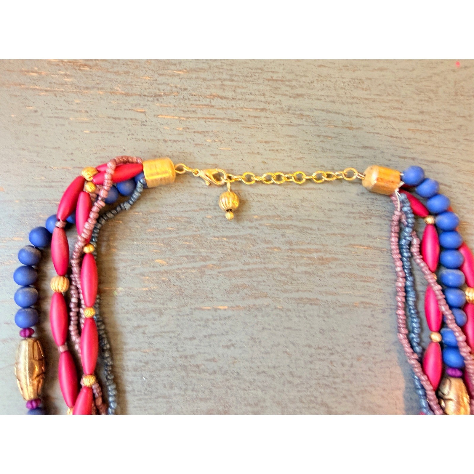 Multi Strand Beaded Statement Necklace Pink Blue Gold Tone Boho Layered 22 Inch