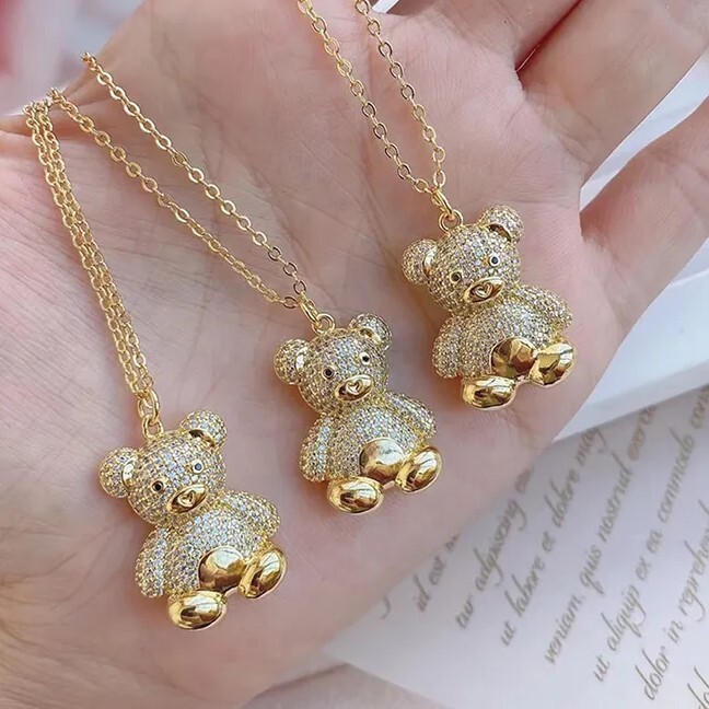Beautiful Gold Teddy Bear Crystal Necklace, Bling, Cute for Wife, Daughter