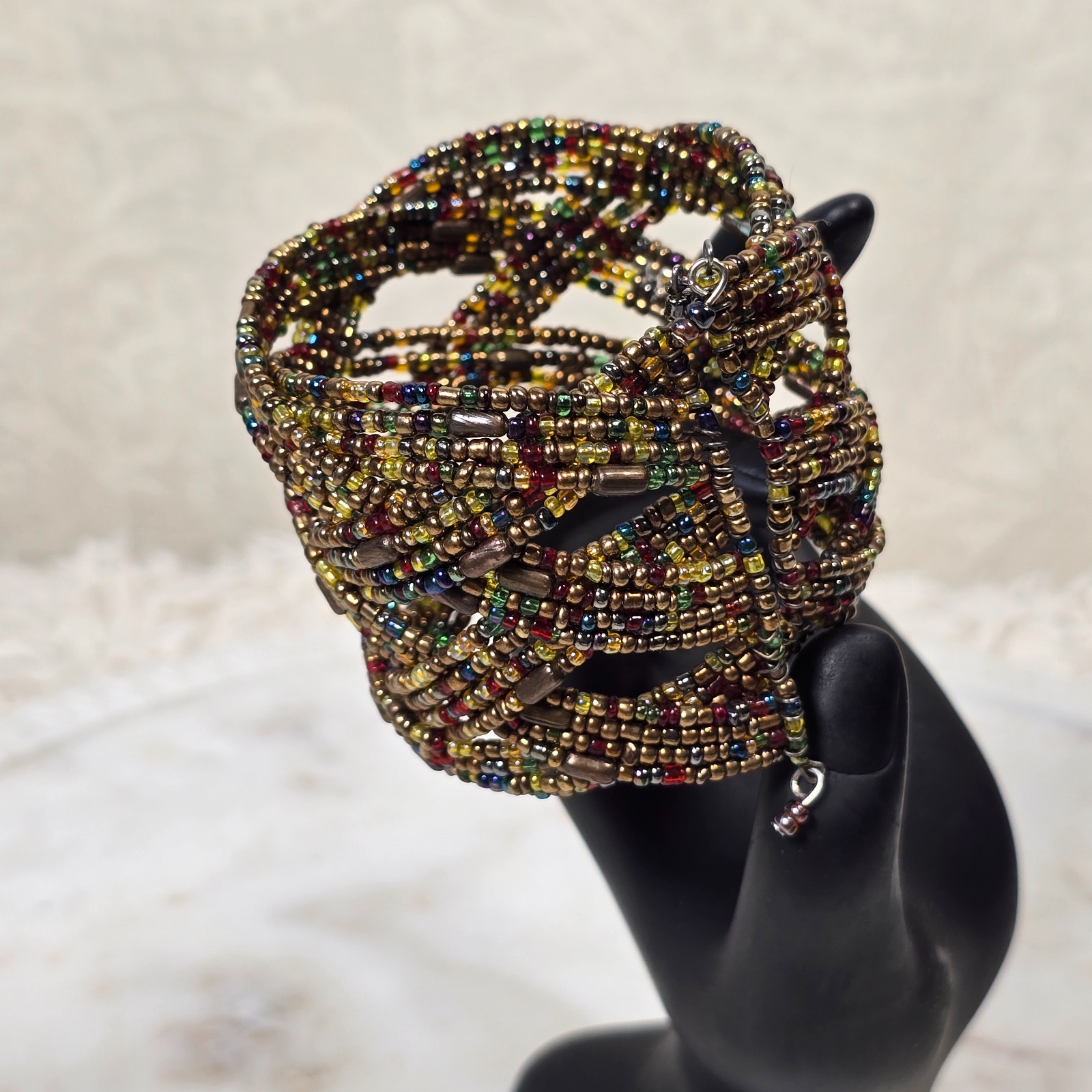 Vintage Handmade Artisan Beaded Braided Cuff Bracelet