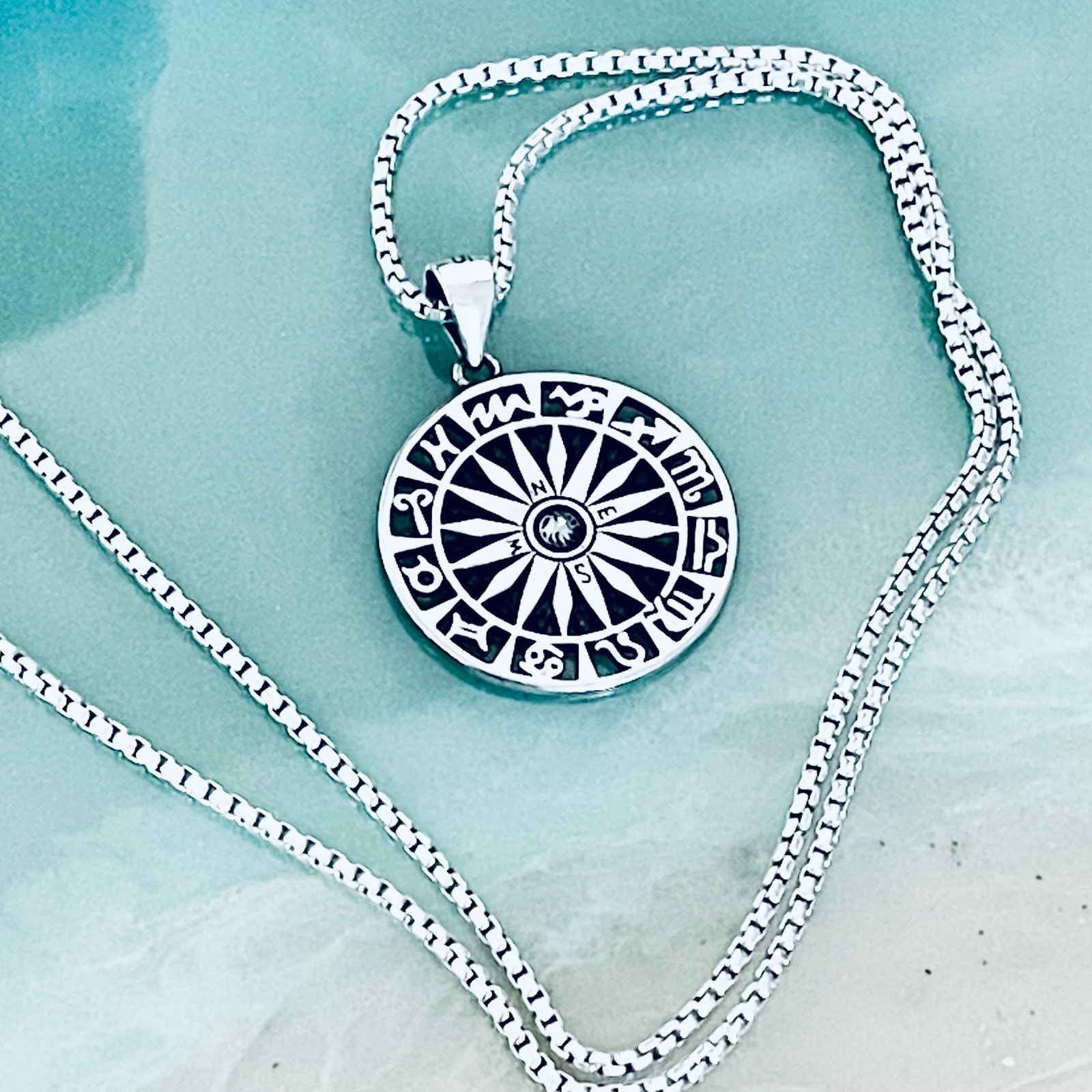 Sterling Silver Unisex Zodiac Wheel and Compass Necklace, Zodiac Signs Chain
