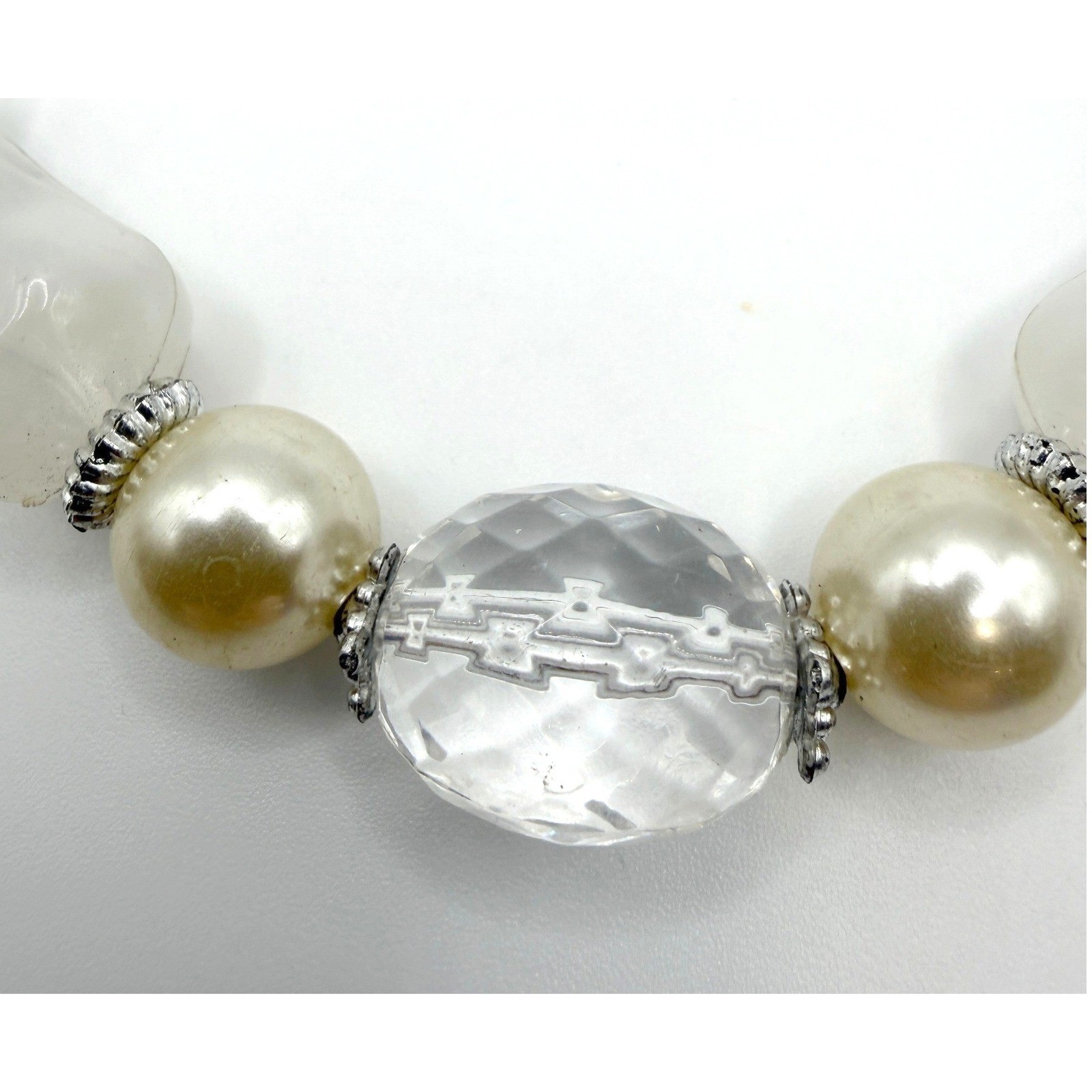 Vintage Chunky Faux Pearl & Clear Crystal Statement Necklace 20″