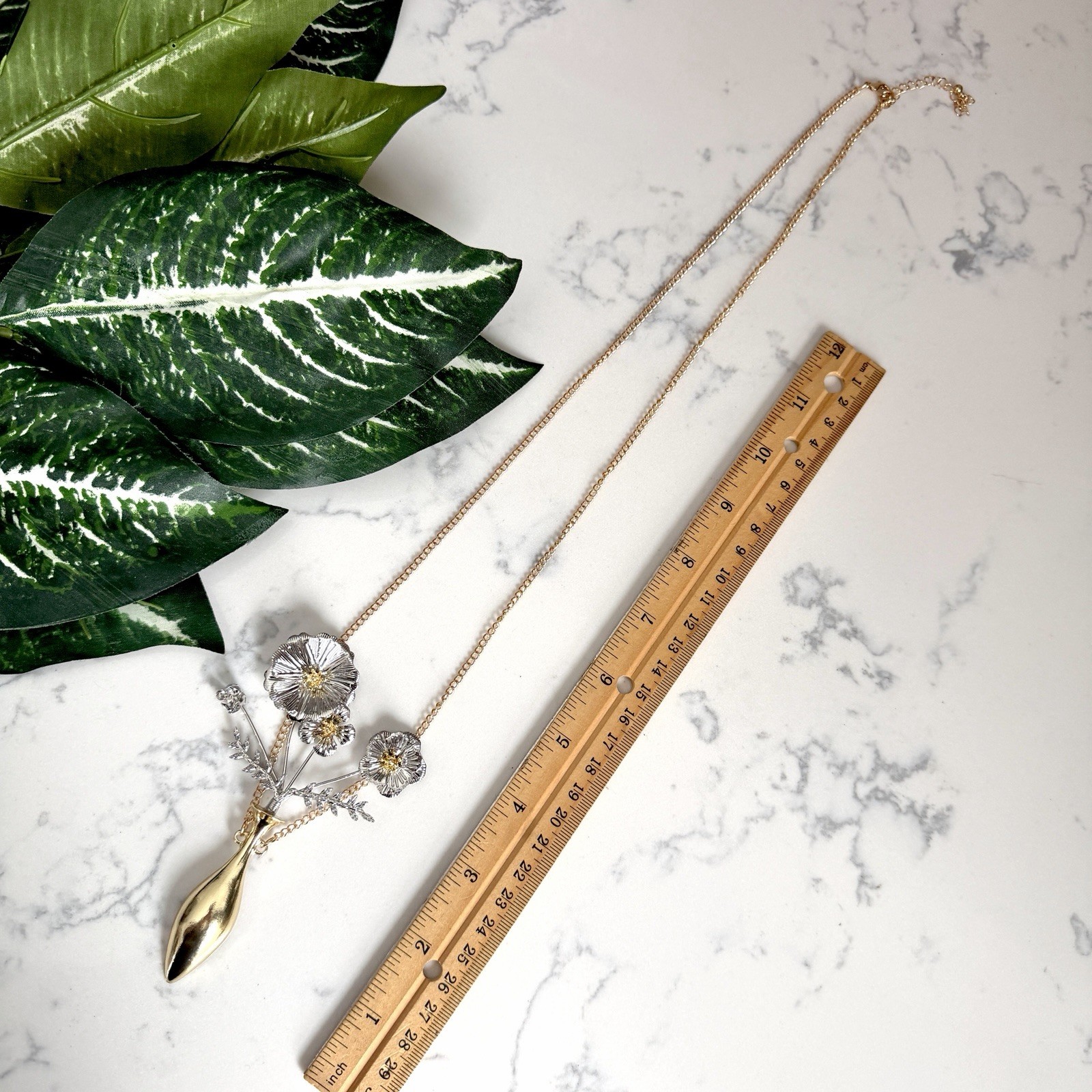 Flower Vase Gold & Silver Necklace Oversized Botanical Long Boho Jewelry NEW