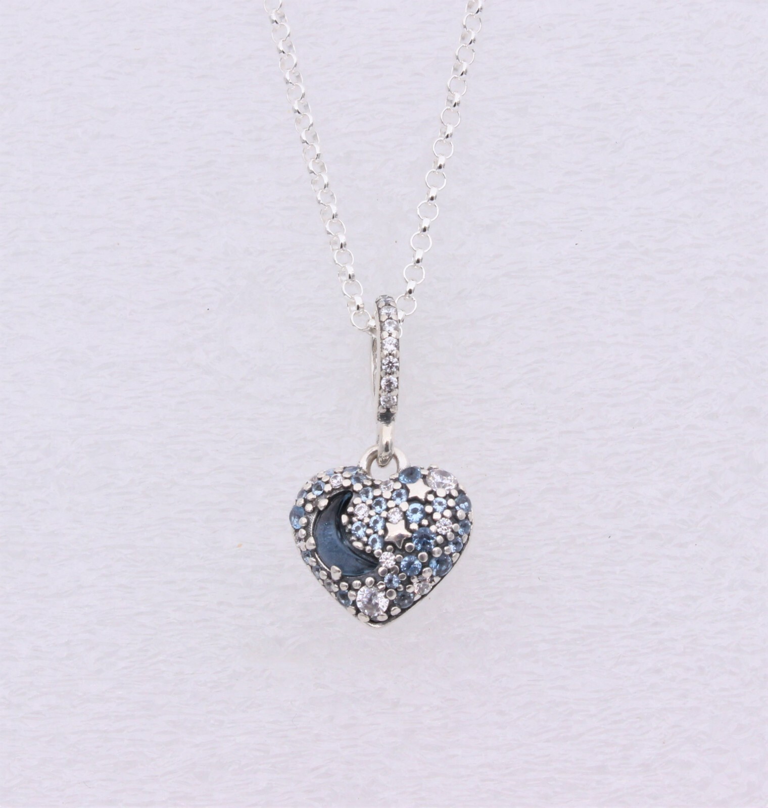 New PANDORA Sparkling Blue Moon & Stars Heart Silver Necklace Valentine’s Day