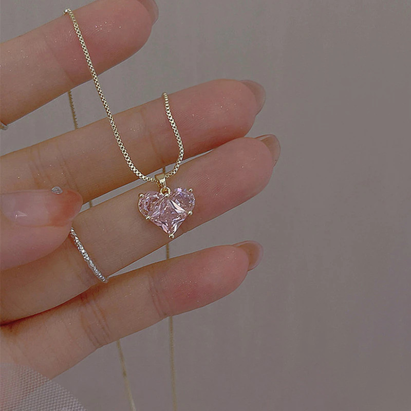 Women’s Fashion Jewelry Gold Pink Rhinestone Heart Pendant Necklace 1-228