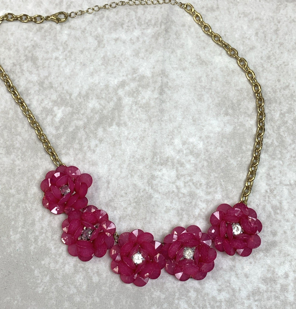 Womans Floral Necklace Pink Fuchsia Flowers and Clear Stones Gold Tone
