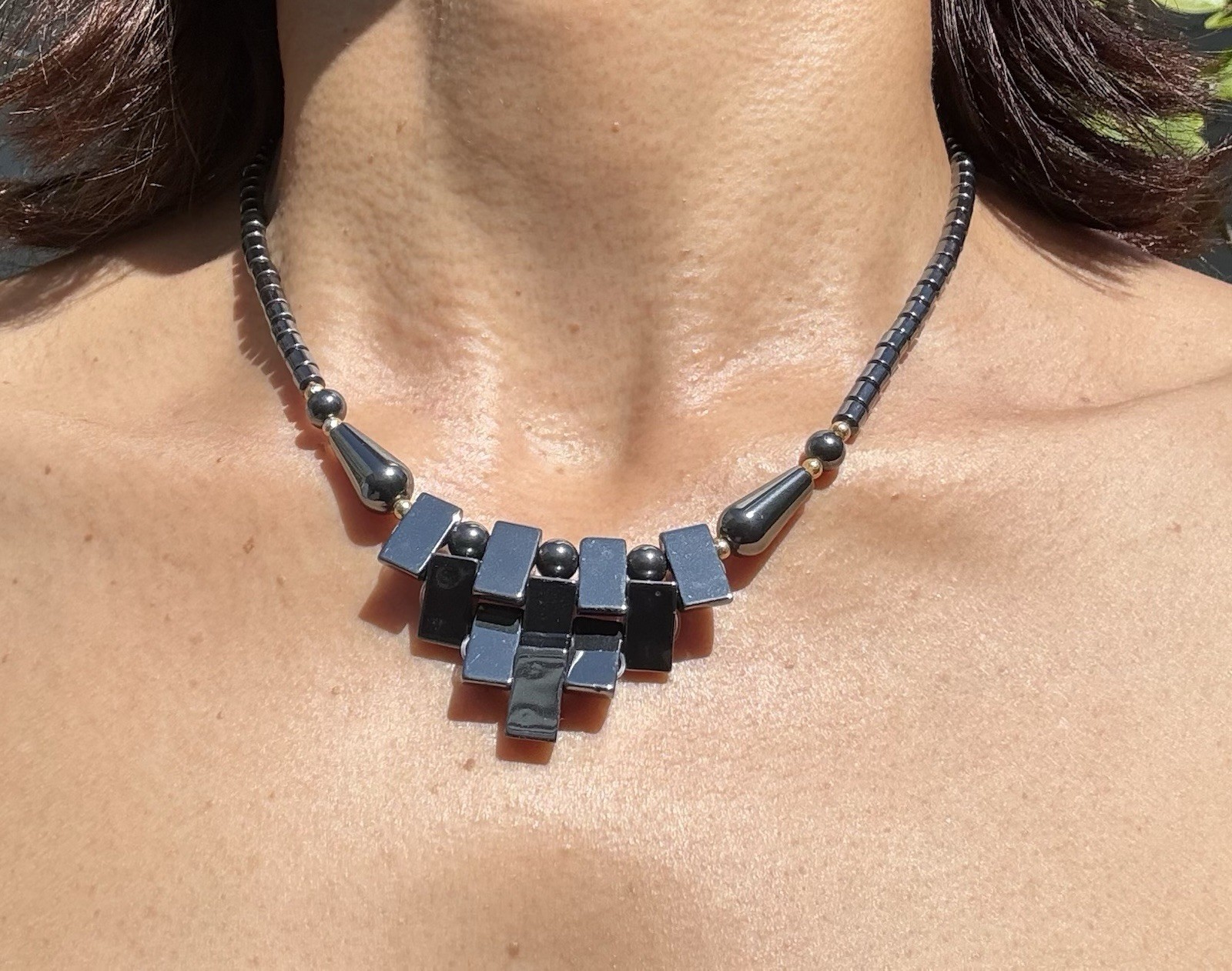 Gray Hematite Stone Beaded Necklace, Ball/Bead Chain, Geometric Charm Pendant