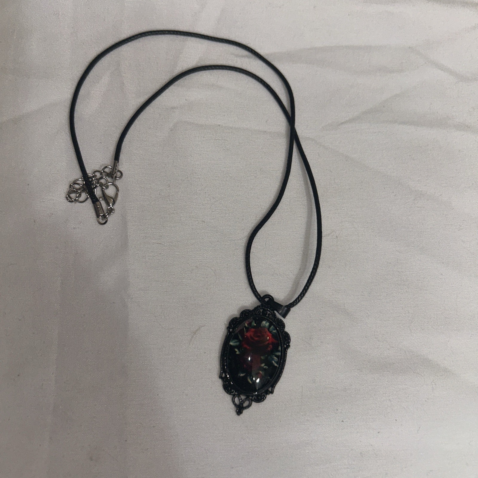 Black Chain Necklace with Burgundy Red Rose Cameo Pendant 20” Long W/extension