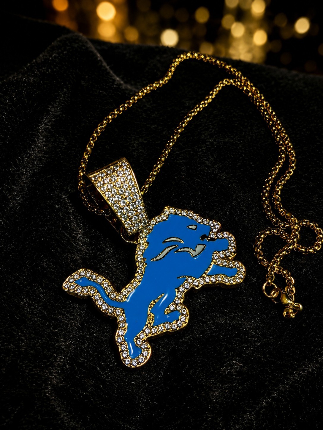 Blue Lion Football Fan Pendant Necklace Gold Tone Iced CZ Hip Hop Chain