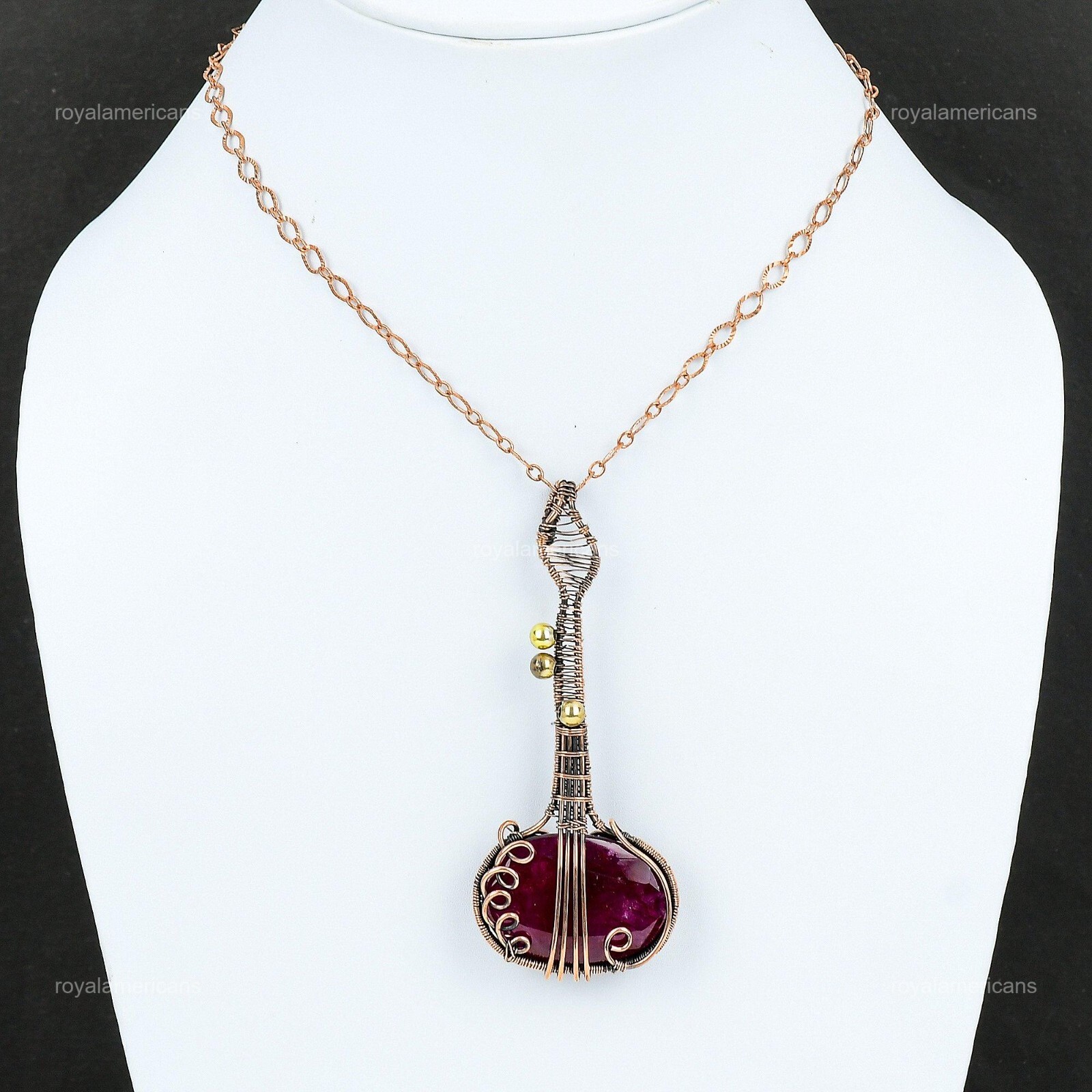 Kashmir Rubi Jewelry Copper Gift For Mum Guitar And Wire Wrapped Pendant 3.62″