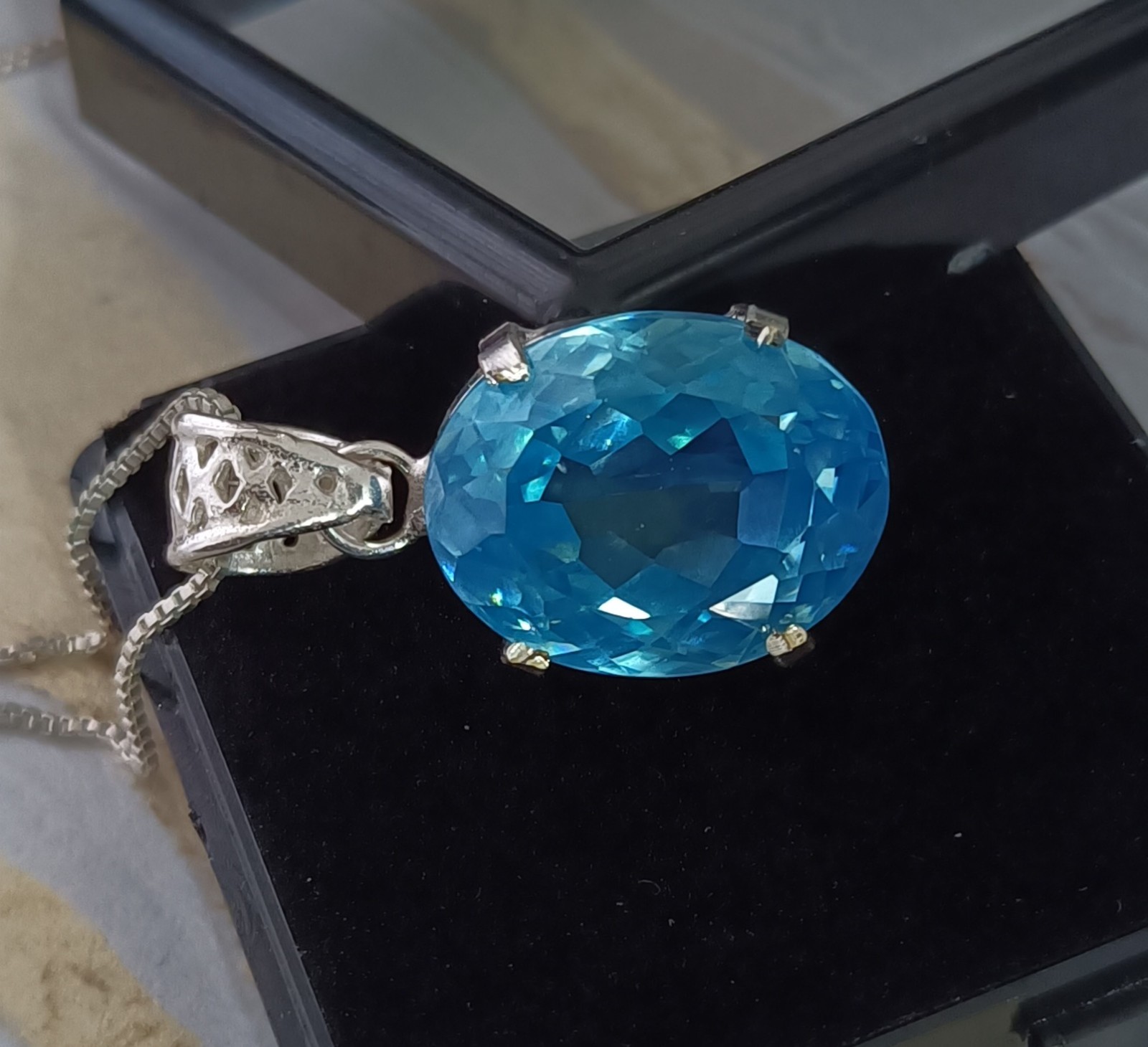 63.65 Ct Elegant Ocean Blue Zircon Pendant Sterling Silver Statement Jewelry