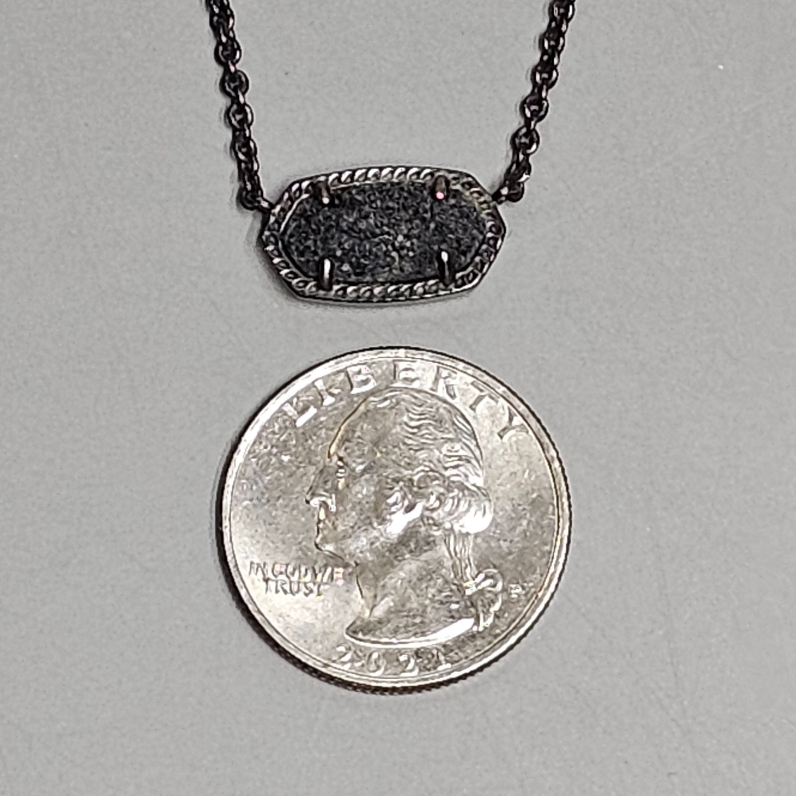 Kendra Scott ELISA Black Drusy Druzy Pendant Necklace Gunmetal Chain 15in+2in