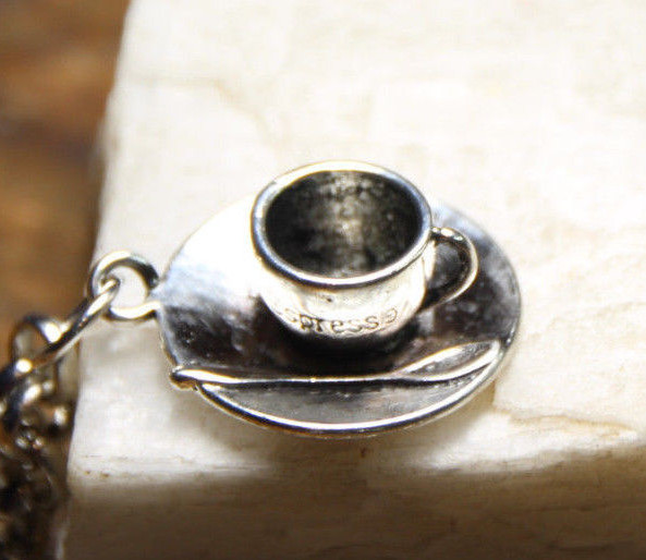 Coffee Cup Pewter Pendant Charm Silver Stainless Steel Chain 18″ Necklace
