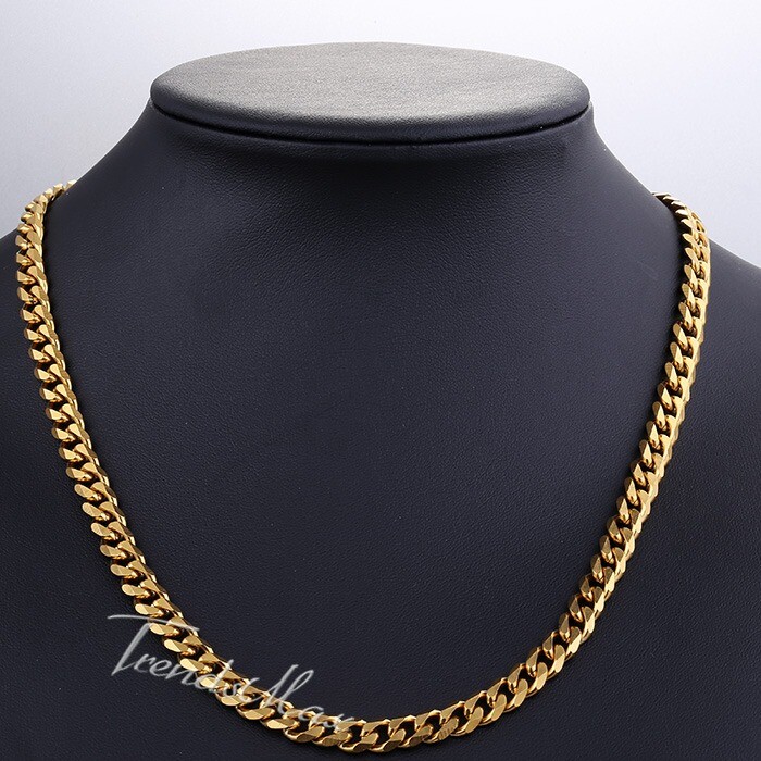 7mm 16-36″ Gold Plated Curb Link Stainless Steel Necklace Men Women Chain Choker