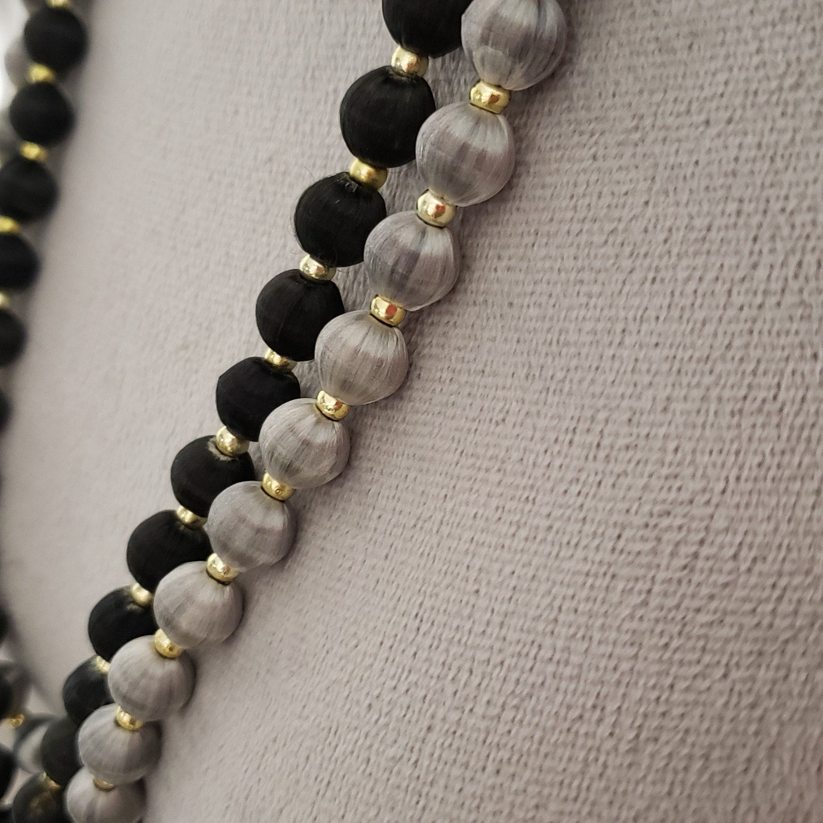 Vtg Bead Necklaces Set of 2 Black Gray Silk Satin Wrapped Boho Whimsigoth Retro