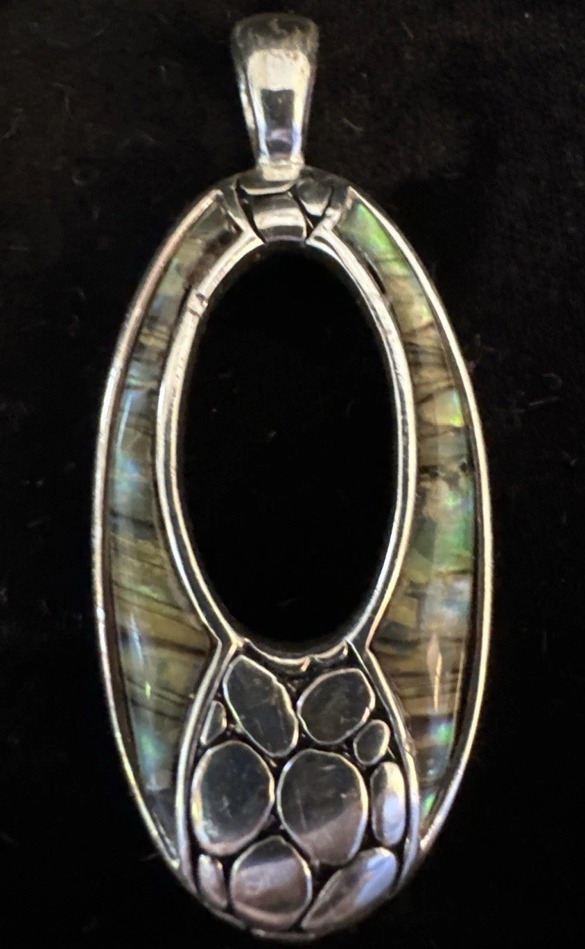 Abalone Shell Pendant Silver Tone Oval Open Design Boho Coastal Beach Jewelry