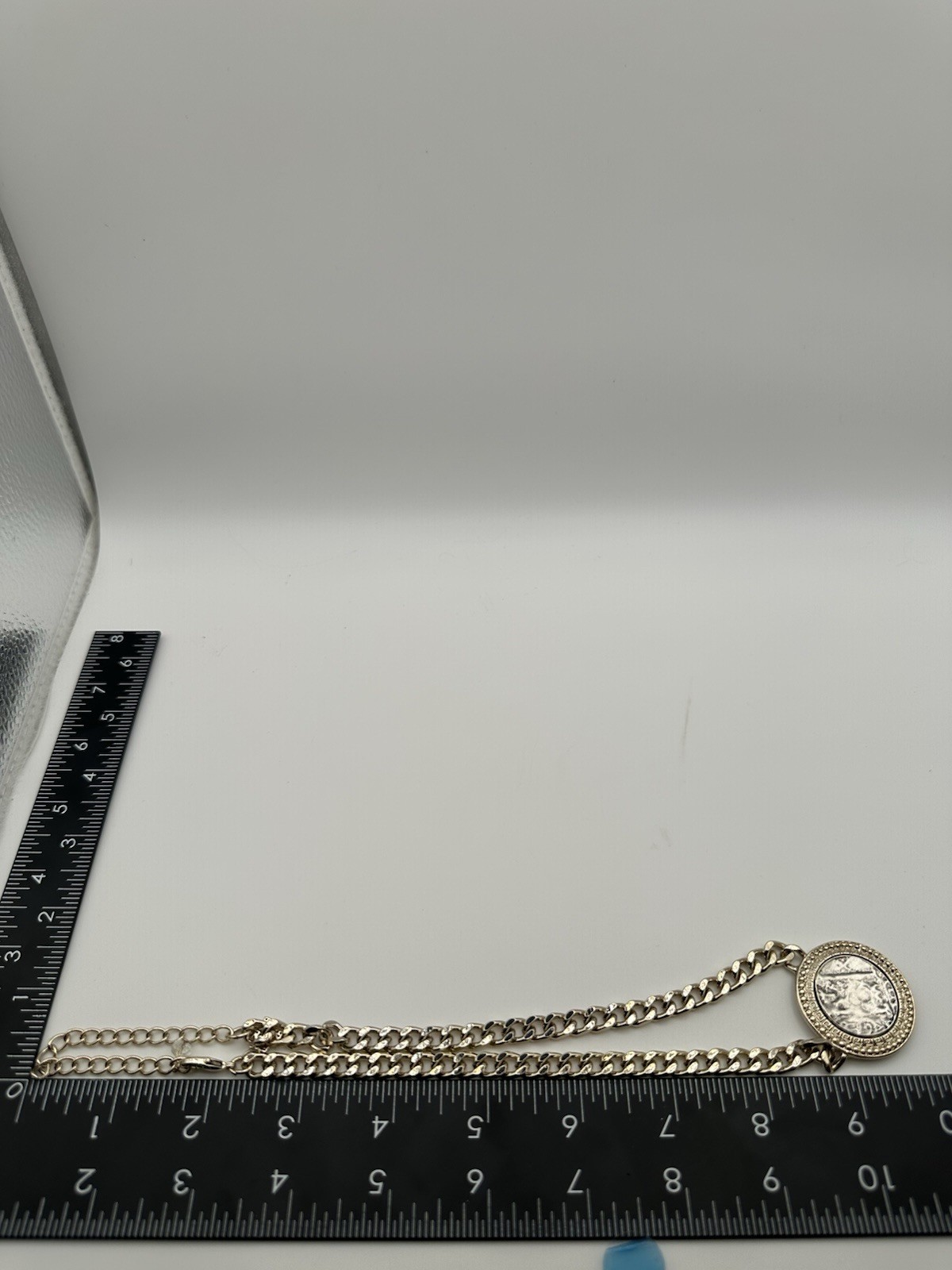 Gold Tone Curb Link Chain Necklace Round Coin Pendant 16in Adjustable Lobster