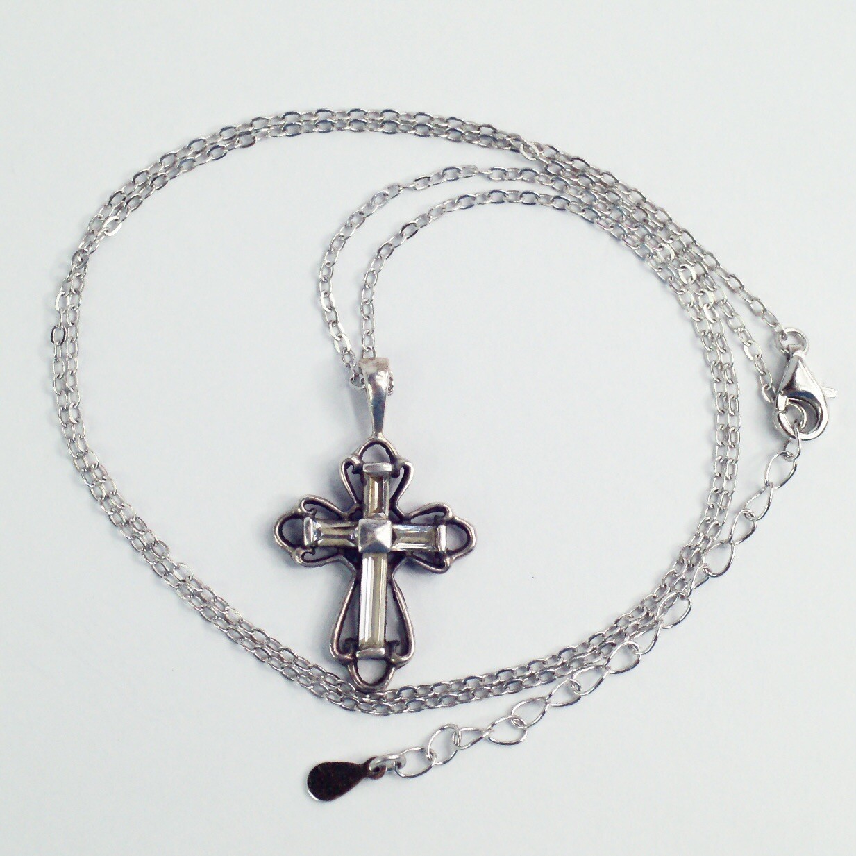 Sterling Silver Openwork White Colorless CZ Cross Pendant Cable Chain Necklace