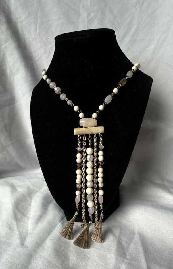 Chico’s Beaded Tassel Statement Necklace with Cream and Pink Accents