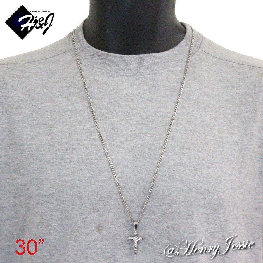 16-32″MEN Stainless Steel 3mm Silver Curb Chain Necklace JESUS Cross Pendant*J12