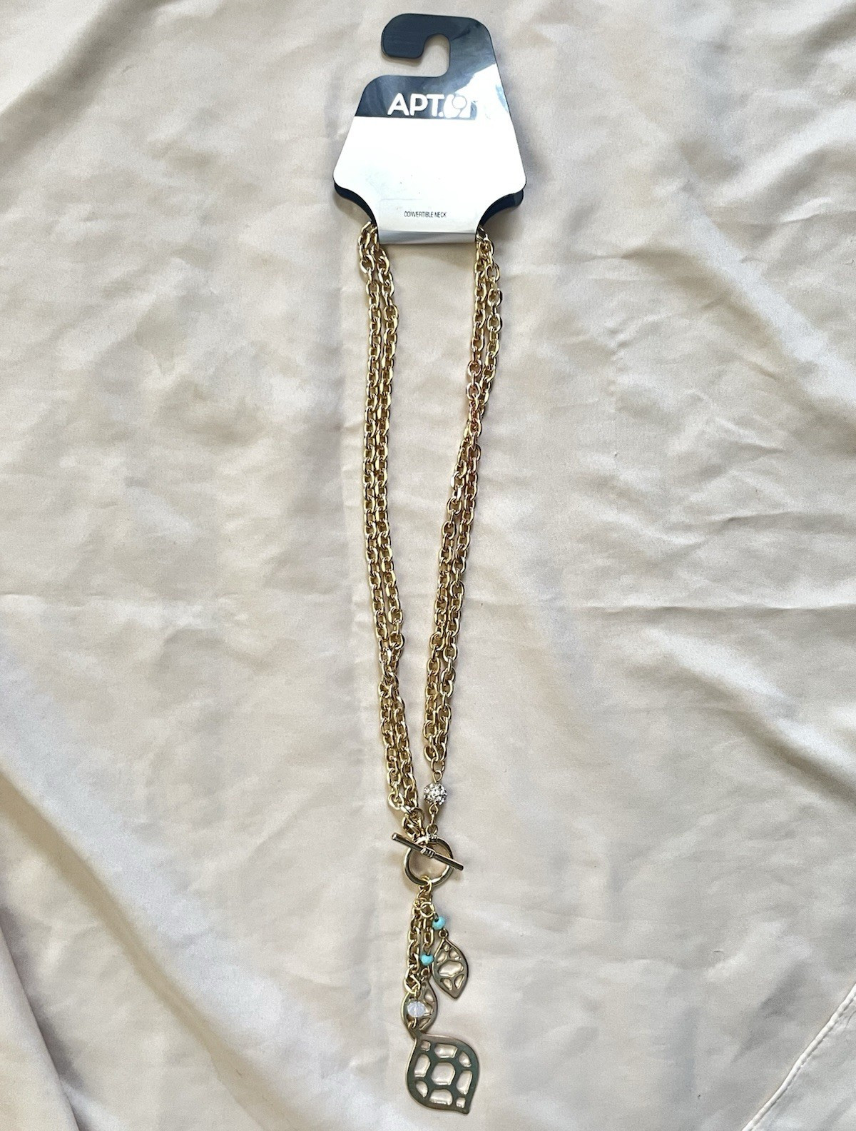 Apt 9 Boho Gold Tone Chain Necklace Toggle Clasp Asymmetrical Blue Charm Pendant