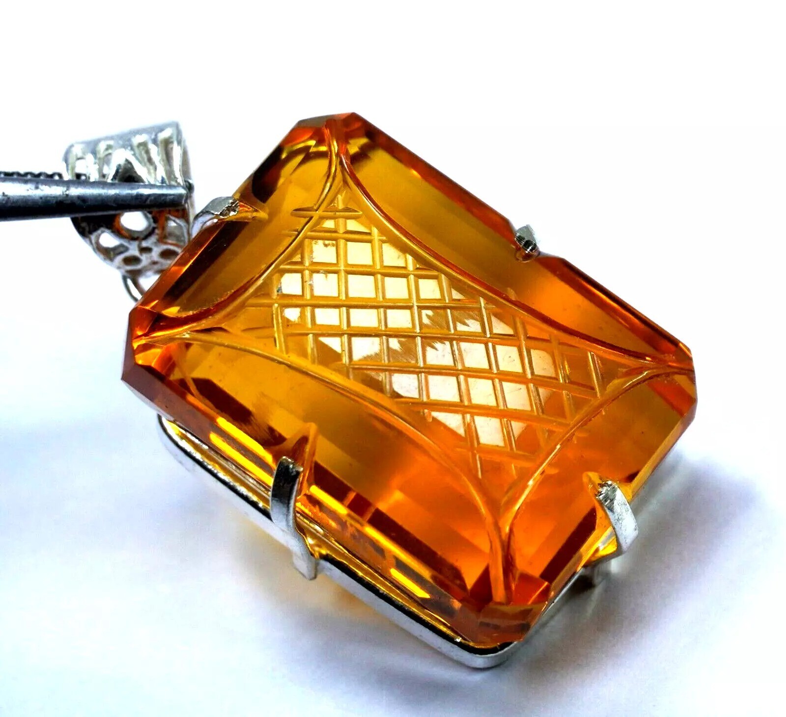 Emerald Cut 94 Ct Natural Carving Citrine 925 Solid Sterling Silver Pendant Gem