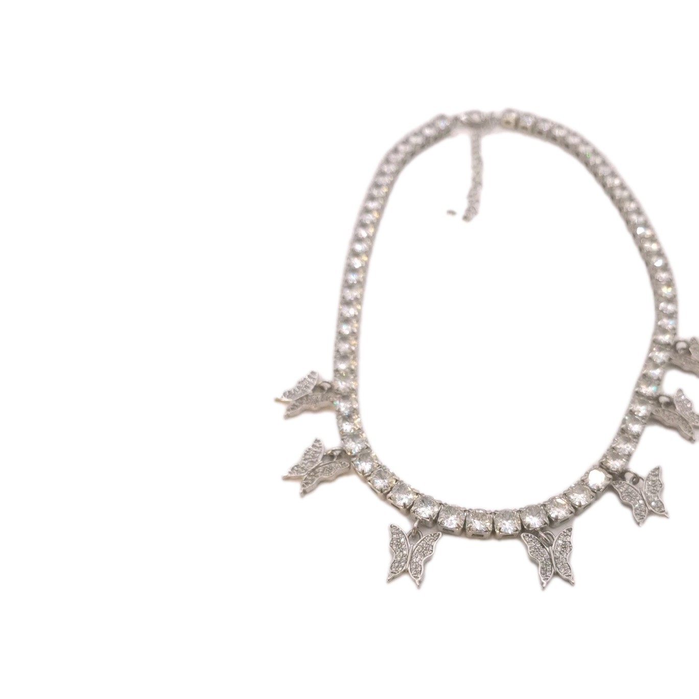 Clear Butterfly Charm Necklace Rhinestone Silver Tone Adjustable 13 to 15 in