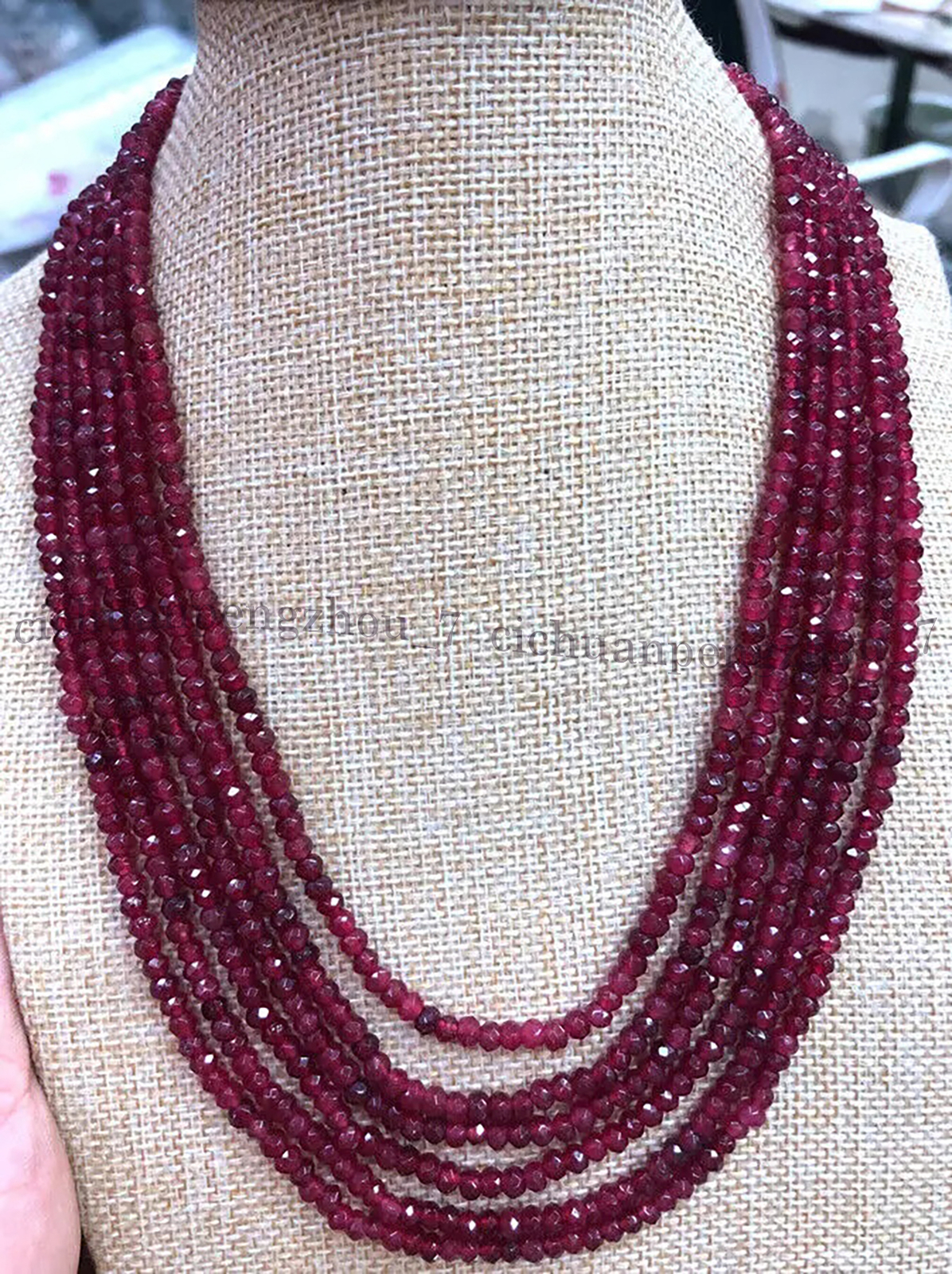 Natural 6 Rows 2x4mm Faceted Red Garnet Rondelle Gemstone Beads Necklace 17-22”
