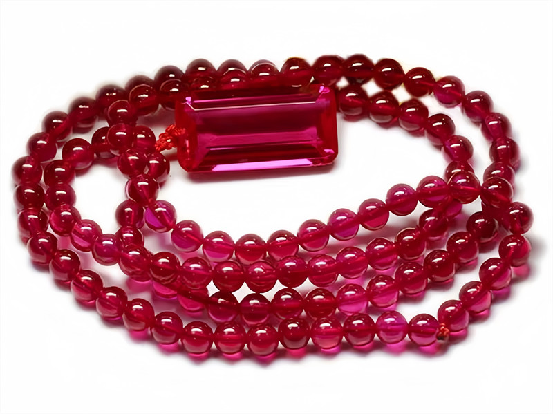Top Quality Round Bead Red Ruby Lab-Created Beaded Necklace Emerald Cut Pendant