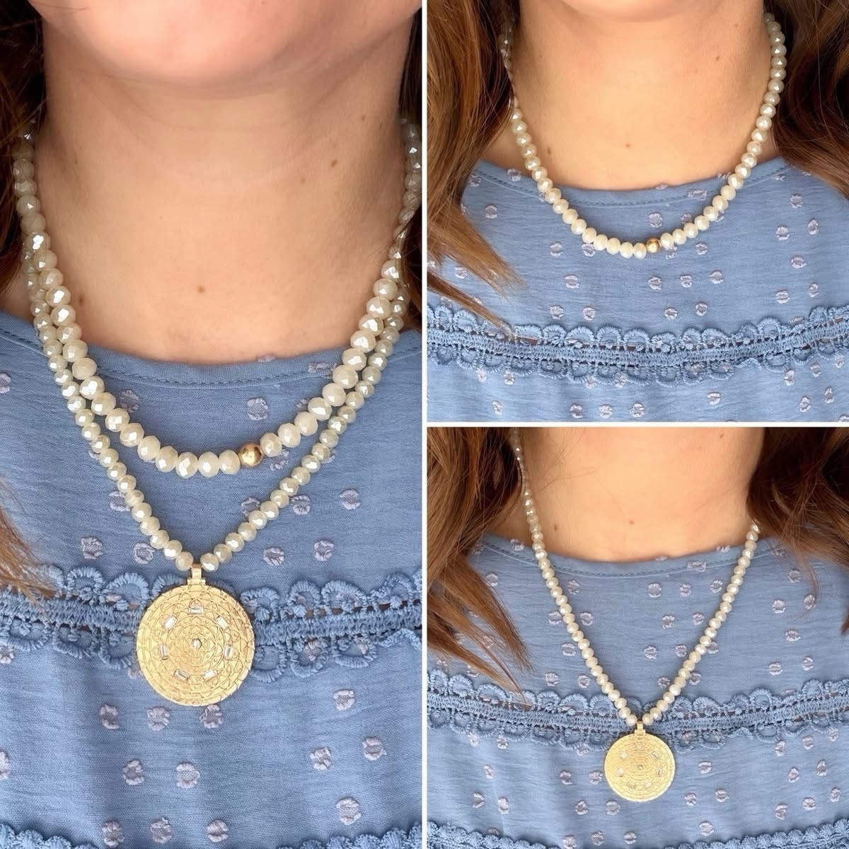 Park Lane MAPLE 3 In 1 Winter White Faceted Beaded Necklaces Matte Gold Pendant